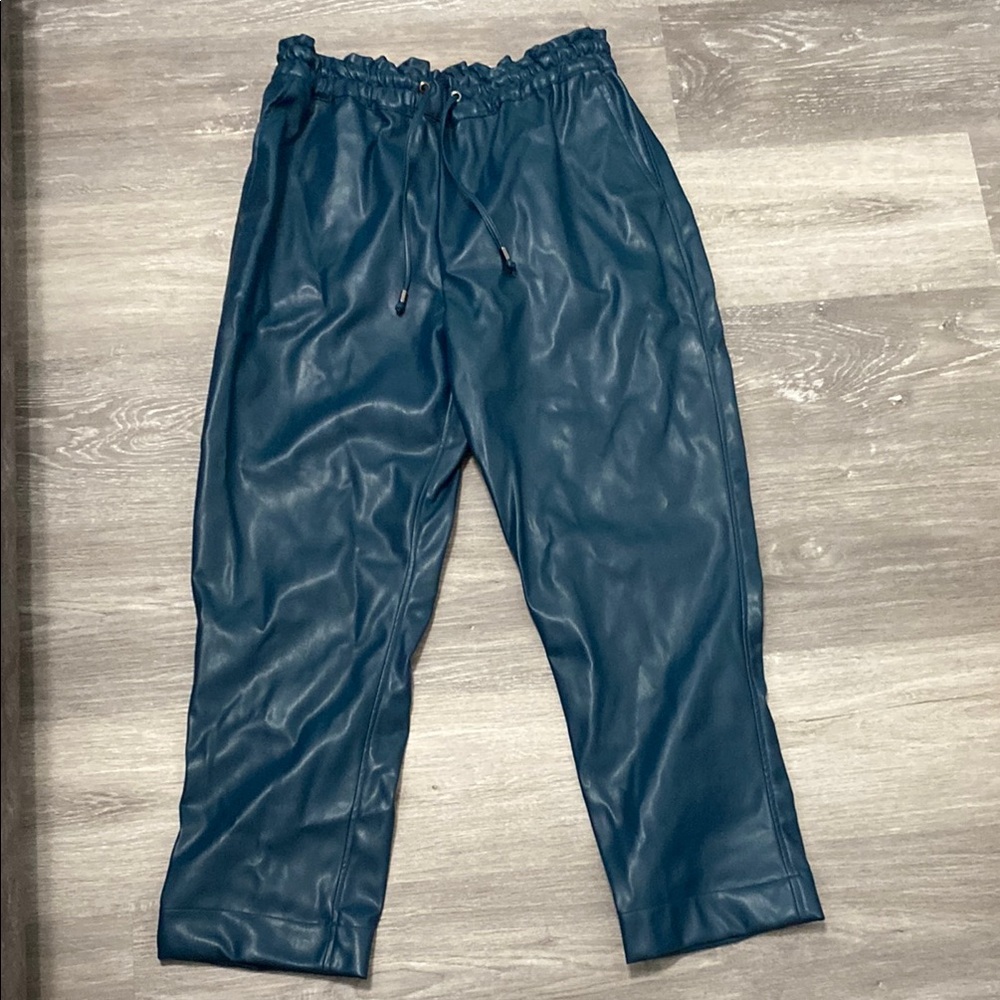 Inclán Studio Teal Faux Leather Pants Elastic Waist and Drawstring, Size Medium